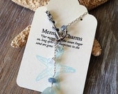 Sea Glass Lariat Necklace with Anchor Charm Sterling Silver Aqua