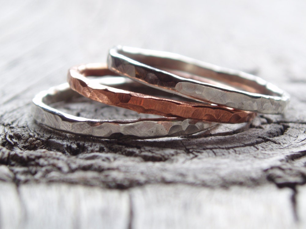 hammered sterling silver and copper stacking rings - set of 3 - mixed metal jewelry - mixed metal rings - metalwork rings - size 9