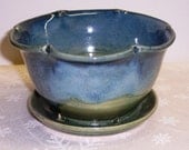 Ceramic Planter with attached Saucer Blue Green Wheel Thrown Stoneware Ceramics Pottery