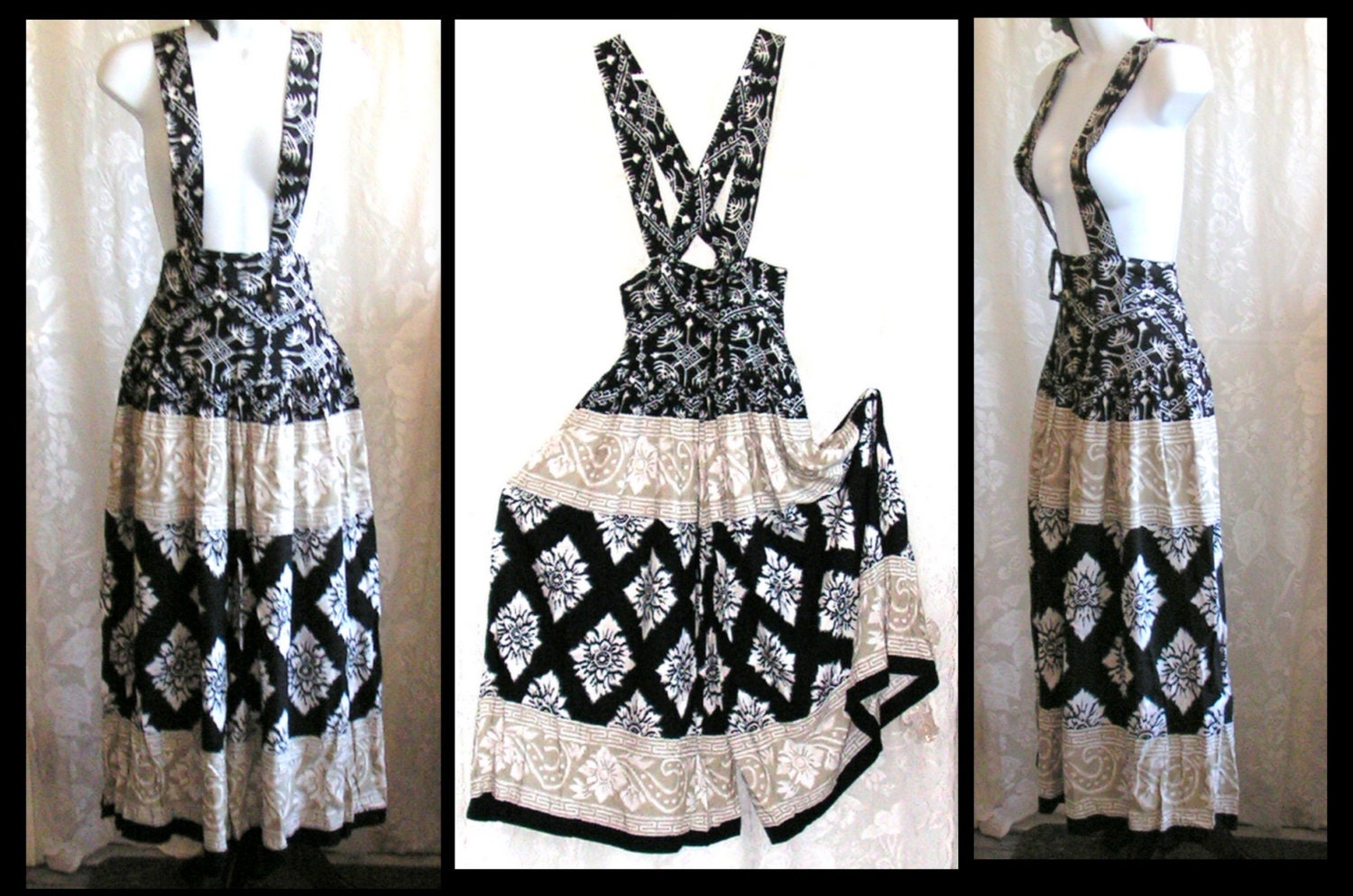 Vintage Maxi Culottes Pinafore Suspenders Rayon Palazzo Pants Rabbit Designs Jumpsuit