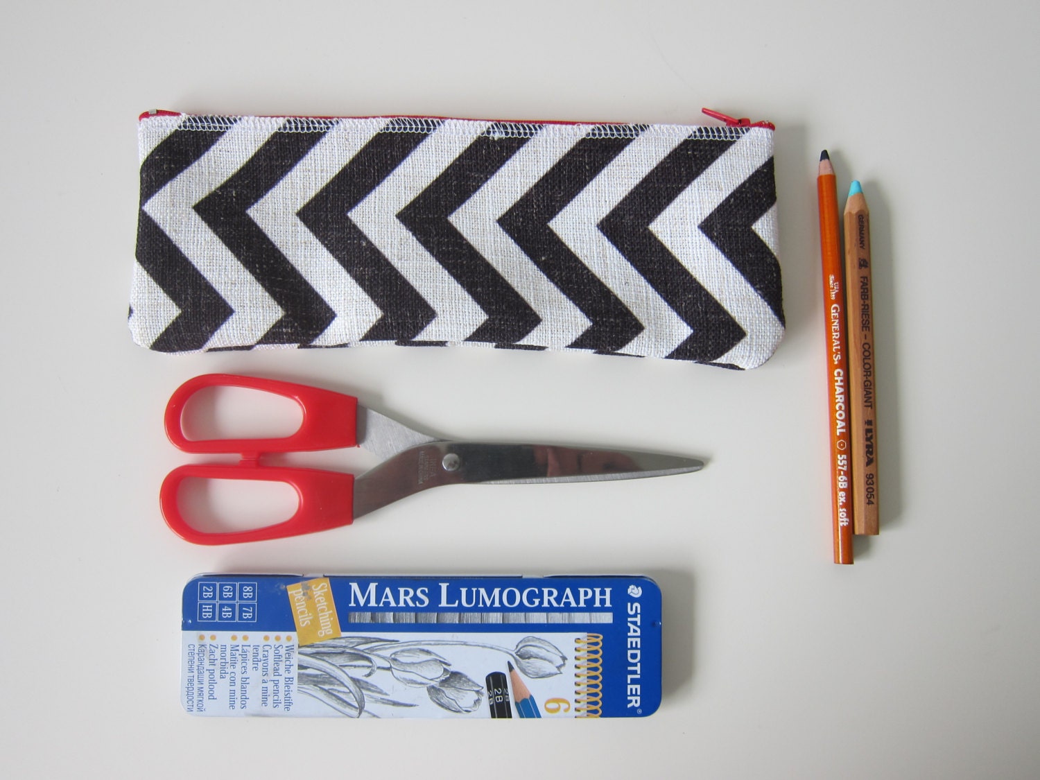 Zipper pouch - Black, White & Red - one of a kind