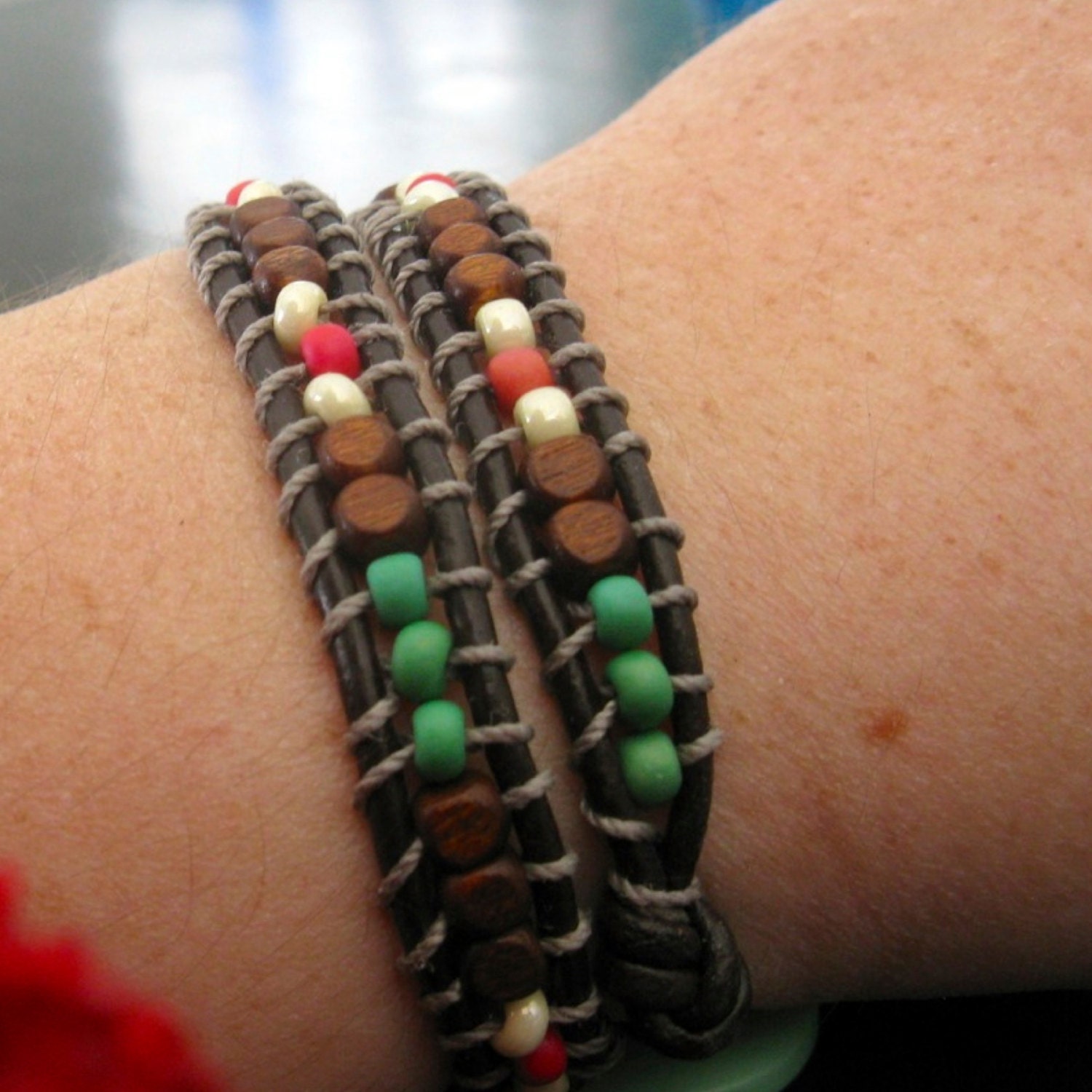 sale. LAYLA. chocolate. turquoise green. cream and pomegranate. glass and leather. double wrap chan luu style  Bracelet