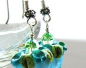 Mother's Day Earrings 1, Teal, Blue - Rose Buds Lampwork, SRA Artisan Glass Flowers, Swarovski Crystals, Bali Sterling Silver