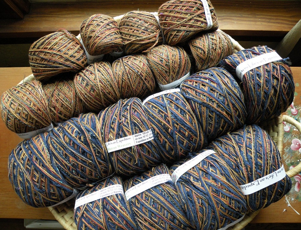 Yarn lot: 20 skeins, 2000 yards, 200 dollar value, Guatemala and Mayan Weavers cotton tan blue red yellow blue green, dk worsted
