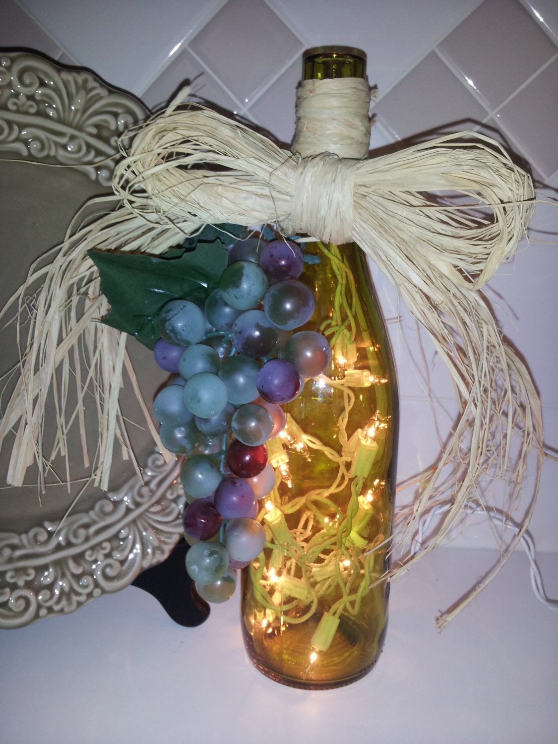 Upcycled Wine Bottle Lamp with Grapes