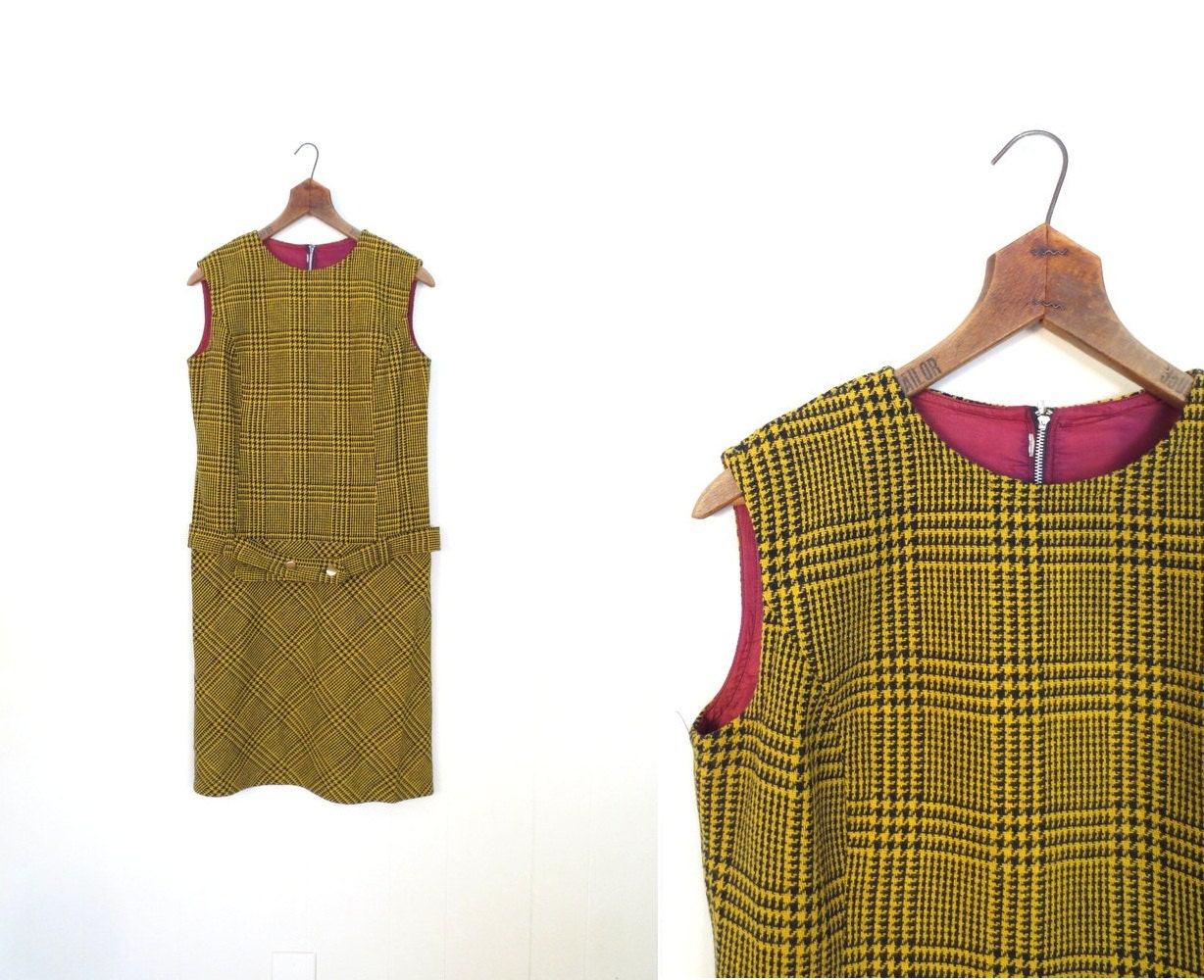 1960s Mod Dress / Glen Plaid / Vintage 60s Dress / Gold and Black / Medium M