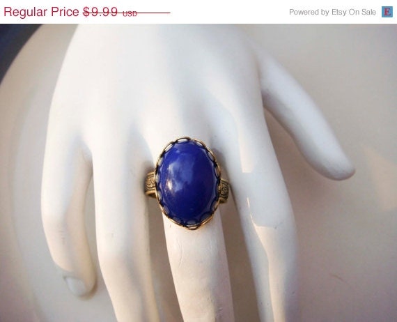 On Sale Vintage Adjustable Gold Toned Ring with Blue Cabochon
