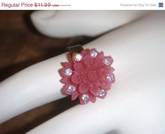 Summer Sale Pink Flower Ring Antique brass adjustable with Swarovski crystals