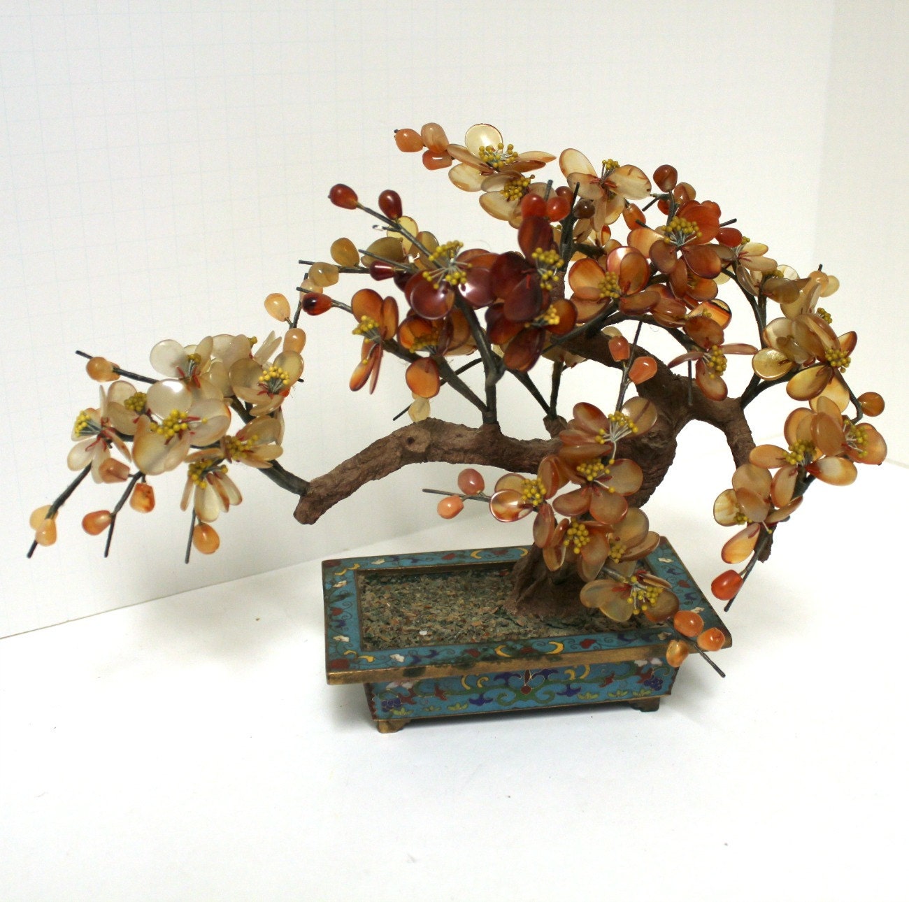 Vintage Cloisonne Bonsai Jadeite Tree Planter 1940s 40s Mixed Media Sculpture
