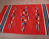 Vintage Mexican Serape Rug Blanket Geometric Red 1940s