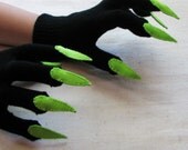 Gloves with claws, black and lime green, for Halloween costume or pretend play, one size stretch glove