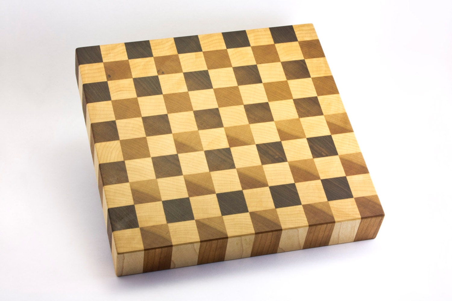 Walnut, Maple, and Cherry Checkerboard Butcher Block, End Grain Wood Cutting Board