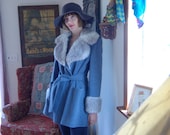 Wool Coat Vintage 60s Blue Gray Wool Faux Fur Trimmed Belted Winter Coat (s m)