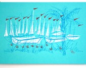 sailboats summer screenprint in red white and blue "The Marina" (12-1/2 x 19)