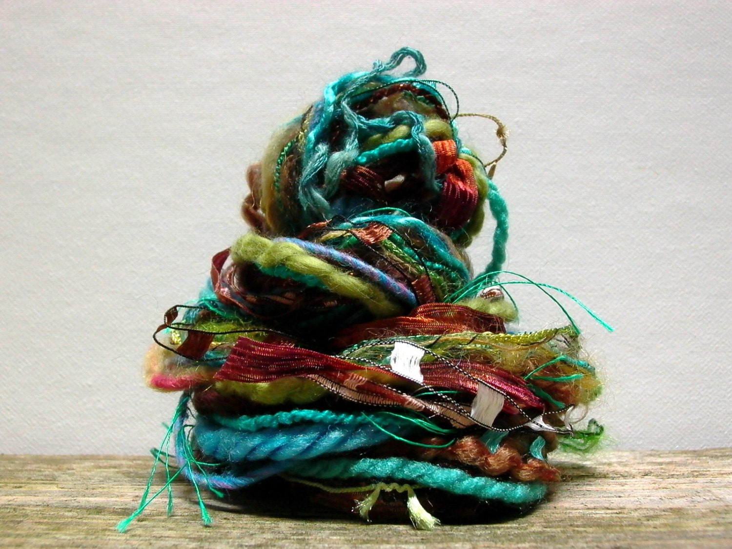 woodland stream fringe effects . 20yds of specialty art yarns fiber bundle . turquoise teal lake blue forest moss green copper brown
