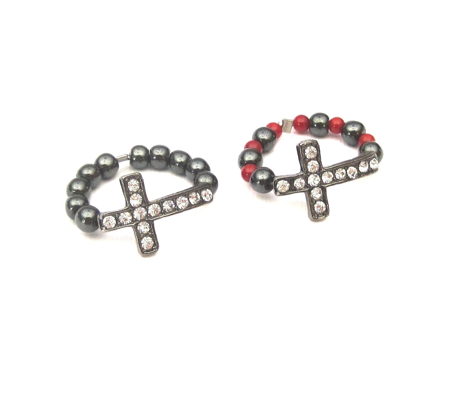 Rhinestone Sideways Cross Stretch Ring gunmetal, black, red