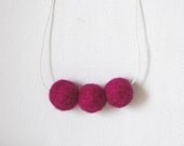 Magenta Felt Beaded Necklace // Leather Tie Back Felt Ball Necklace // Pink Yarn Ball Long Necklace // Ready to ship