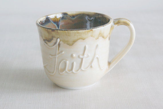 Ceramic Faith Cup Mug in Light Yellow and Iron Red
