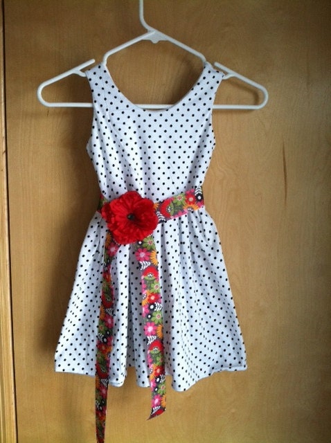 Simple Knit Dress - polka dot knit tankdress with flower sash belt - choose belt and flower- 6mo, 12mo, 18mo, 24mo, 2t, 3/4T, 5/6. 7/8, 9/10