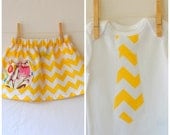 Chevron Brother and Sister Sibling Set . Twins . Yellow Chevron Twirl Skirt & Tie Tee or Bodysuit