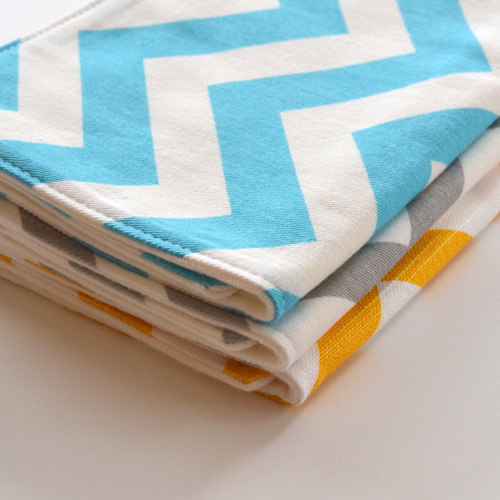 Gender Neutral Baby Shower Gift . Set of 3 Burp Cloth Set . Eco-Organic . Yellow, Aqua and Gray Chevron