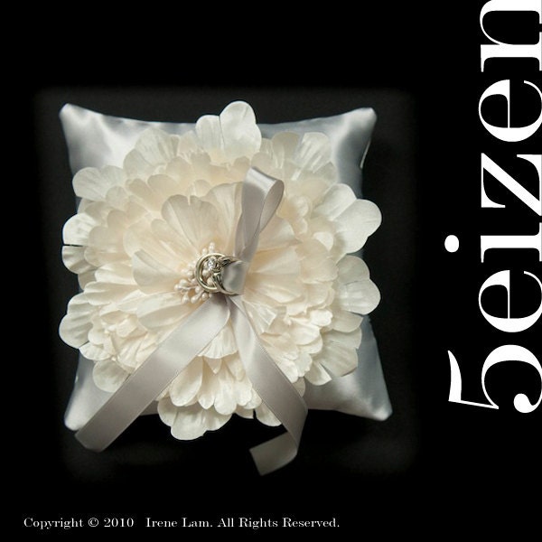 Emma Series I - Ivory Bloom and Silver Wedding Ring Pillow