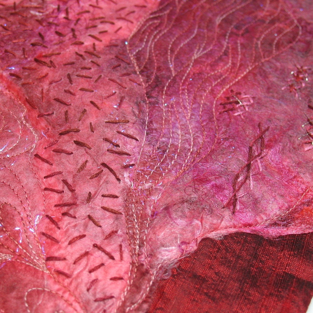 Cranberry Red and Pink Silk Fusion Art Quilt, Wall Hanging