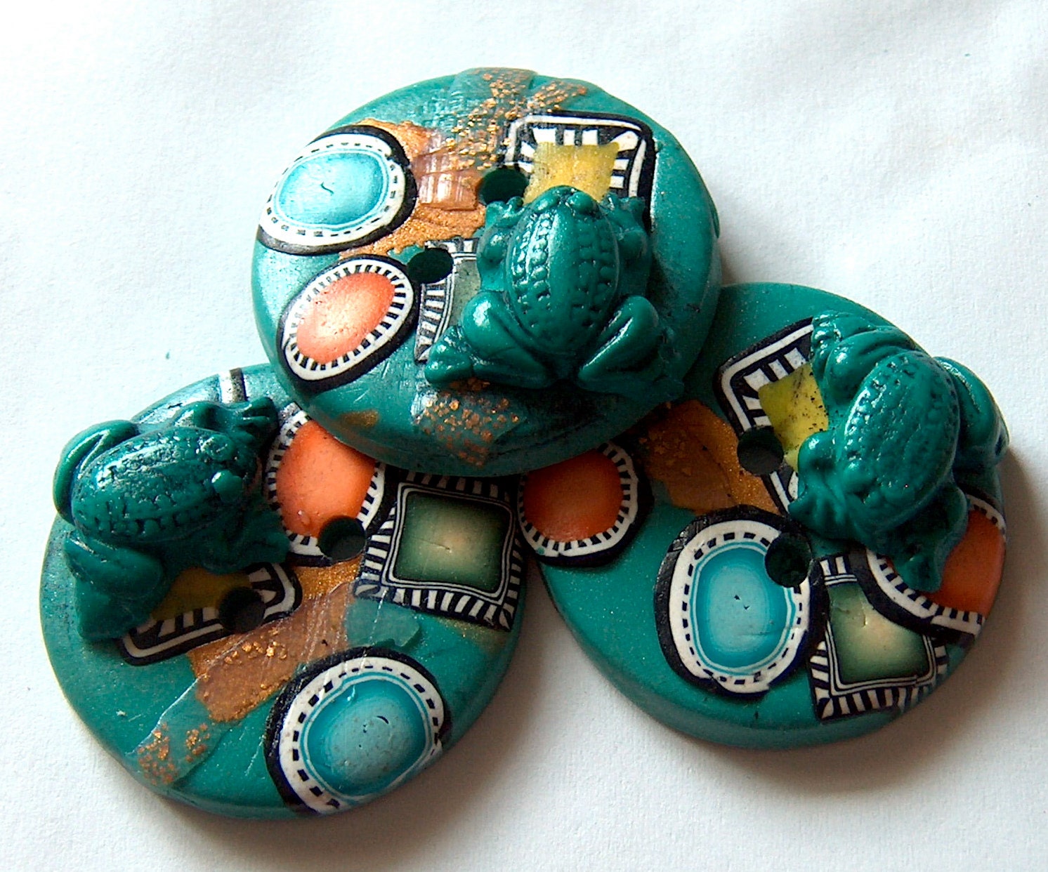 Green Mokume Gane Frog Buttons No.63