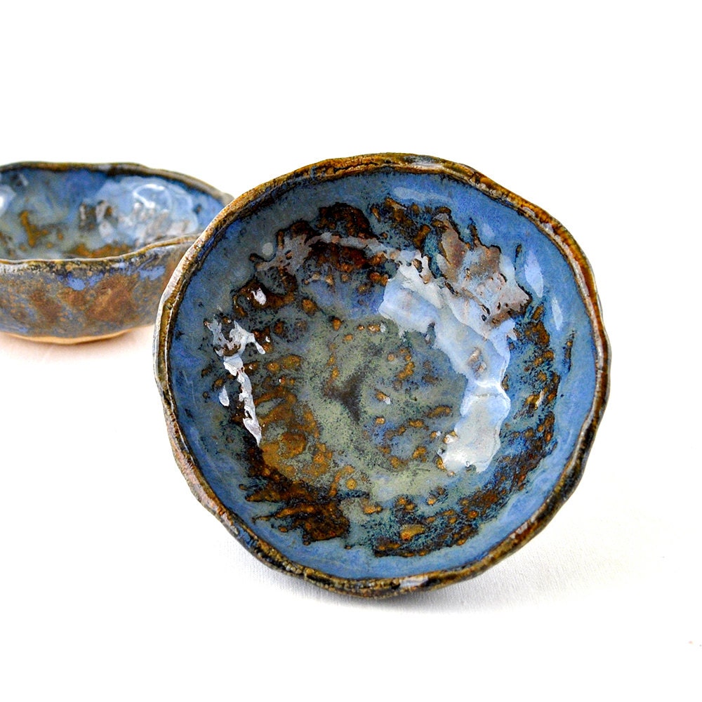 Pottery bowls - Leather Brown and Denim Blue wabi sabi ceramic dishes (Set of 2)