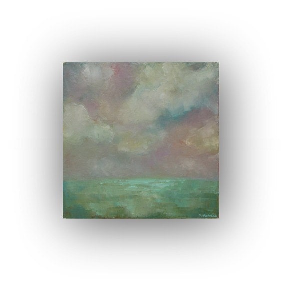 Imagine- Oil Painting on Canvas small 12x12 abstract landscape lilac and green spring sky clouds original palette knife painting