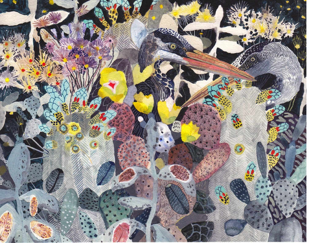 Night Garden with Herons- 14" x 11" Archival Print