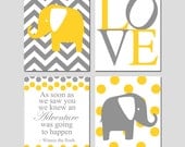 Elephant Love Quad - Set of Four 11x14 Nursery Prints - Winnie The Pooh Adventure Quote - Chevron and Polka Dot Elephants - Yellow and Gray