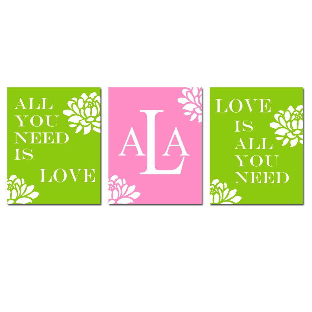 All You Need Is Love - Set of Three Modern Floral Monogram 11x14 Quote Prints - Choose Your Colors - Kids Wall Art for Nursery