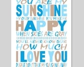 You Are My Sunshine, My Only Sunshine - 11x14 Print - Kids Wall Art for Bedroom or Nursery - Choose Your Colors