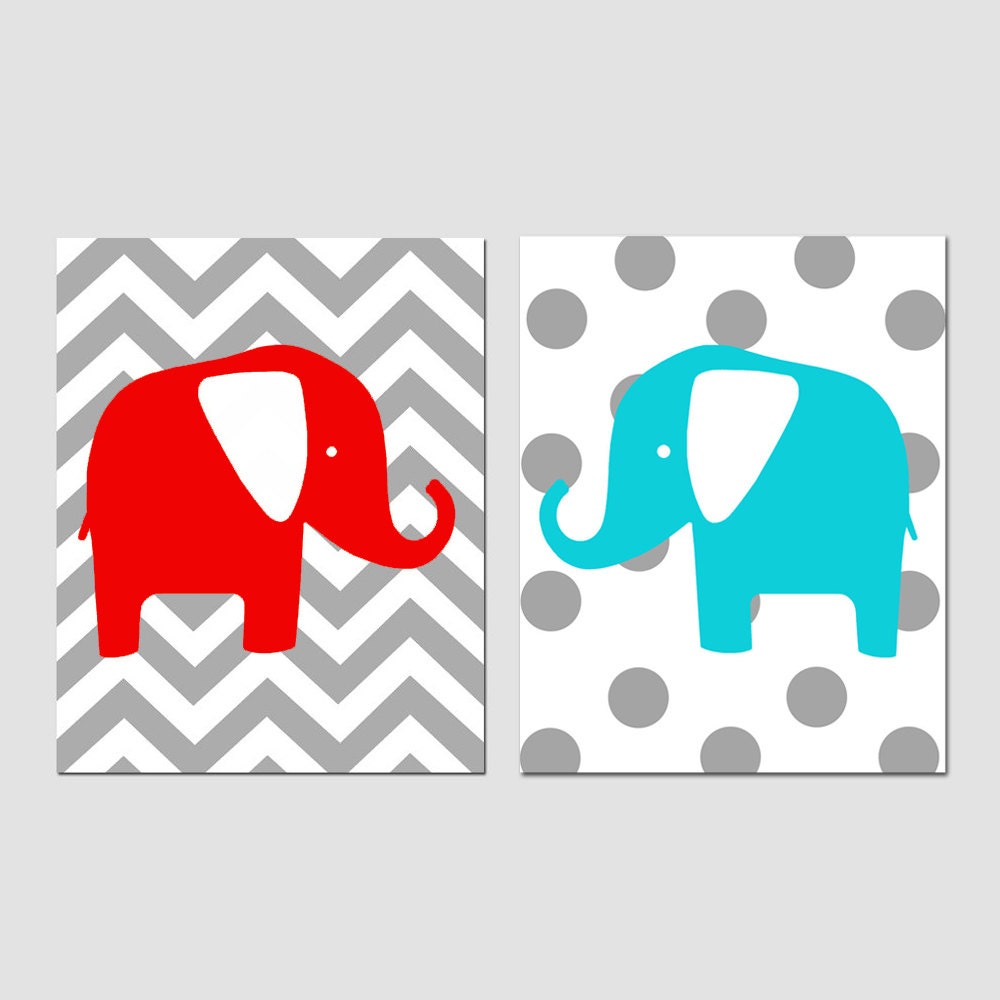 Modern Elephant Duo - Set of Two 8x10 Chevron Zig Zag Polka Dot Prints - Kids Wall Art - Choose Your Colors