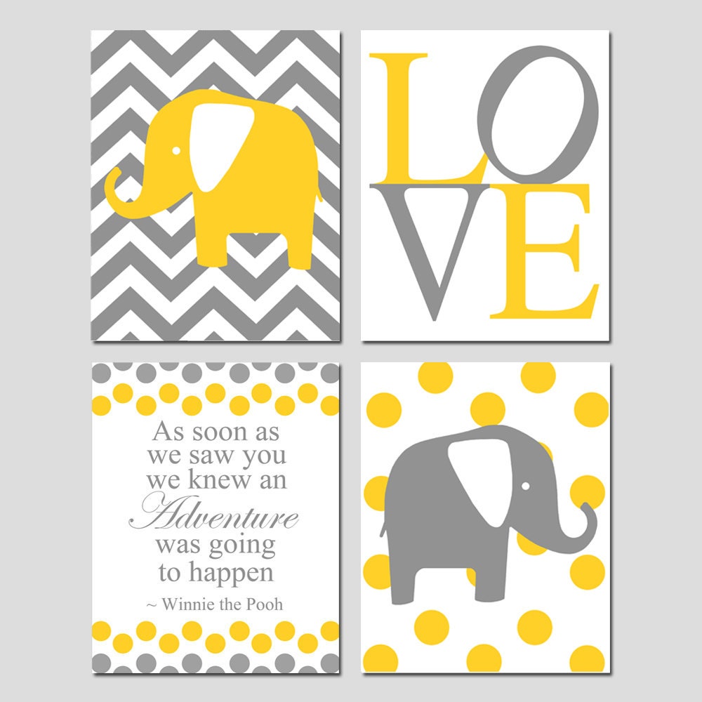 Elephant Love Quad - Set of Four 8x10 Nursery Prints - Winnie The Pooh Adventure Quote - Chevron and Polka Dot Elephants - Yellow and Gray