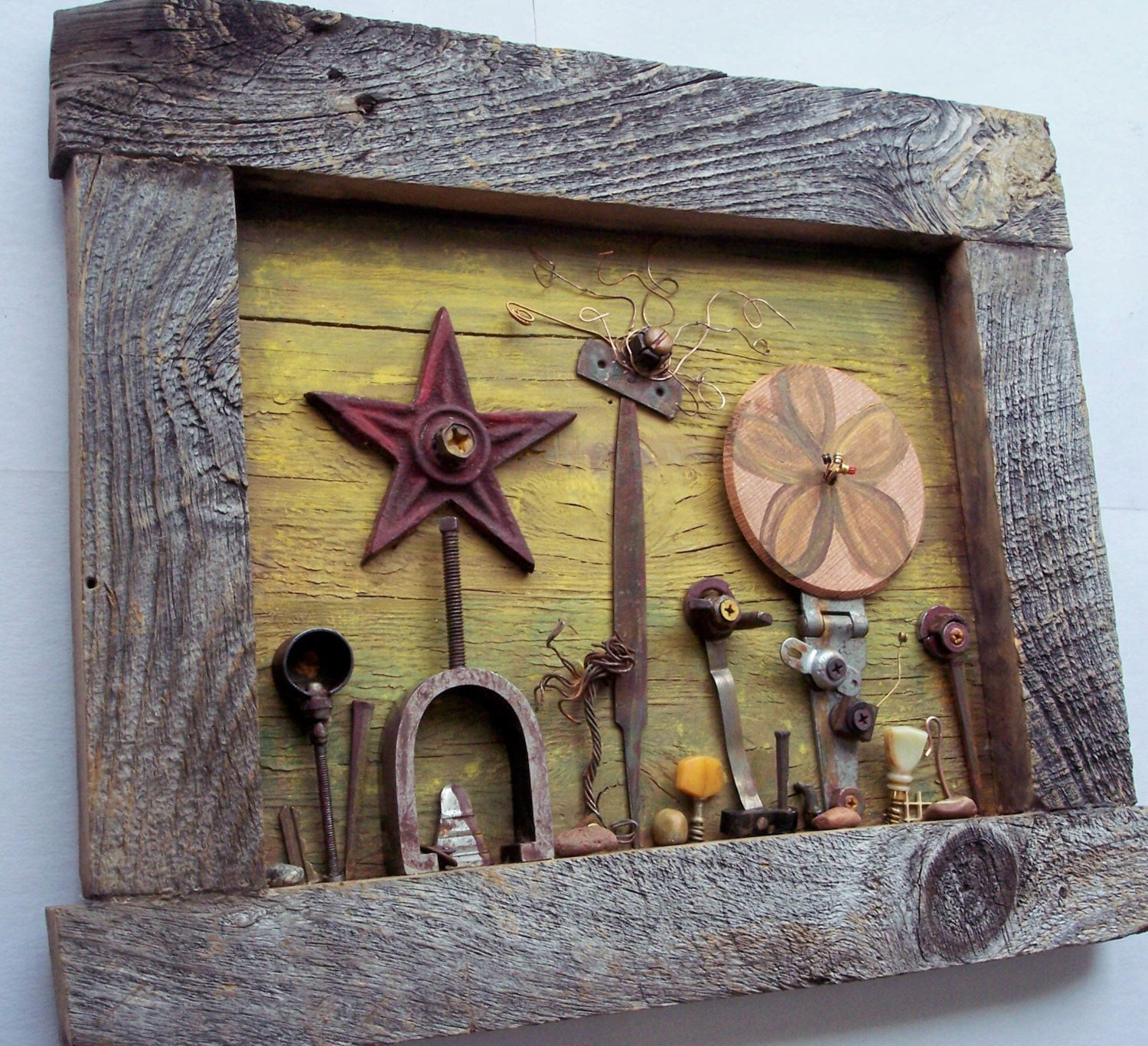 Assemblage art Wildflowers, salvaged found objects on reclaimed wood - recycled art