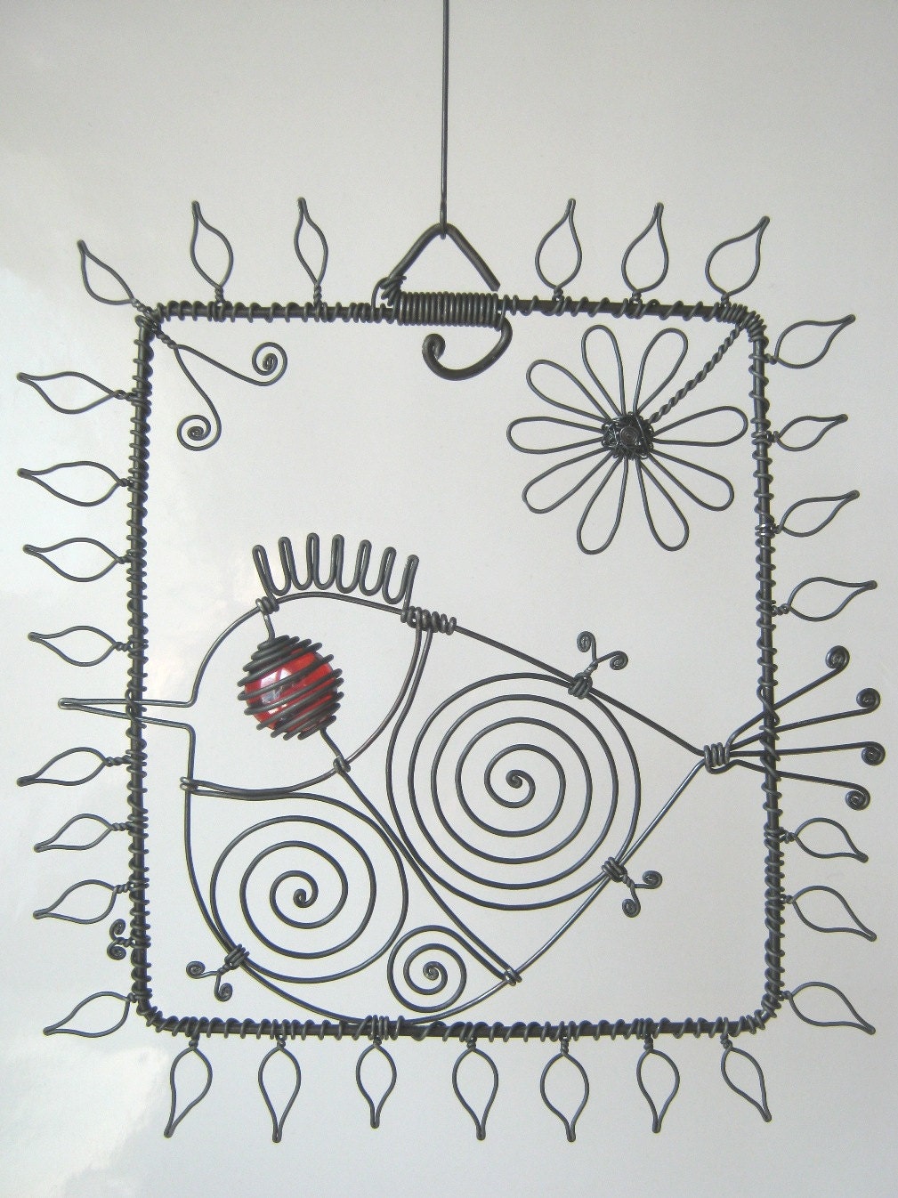 Wire Sculpture Bird And Flower In A Leafy Frame