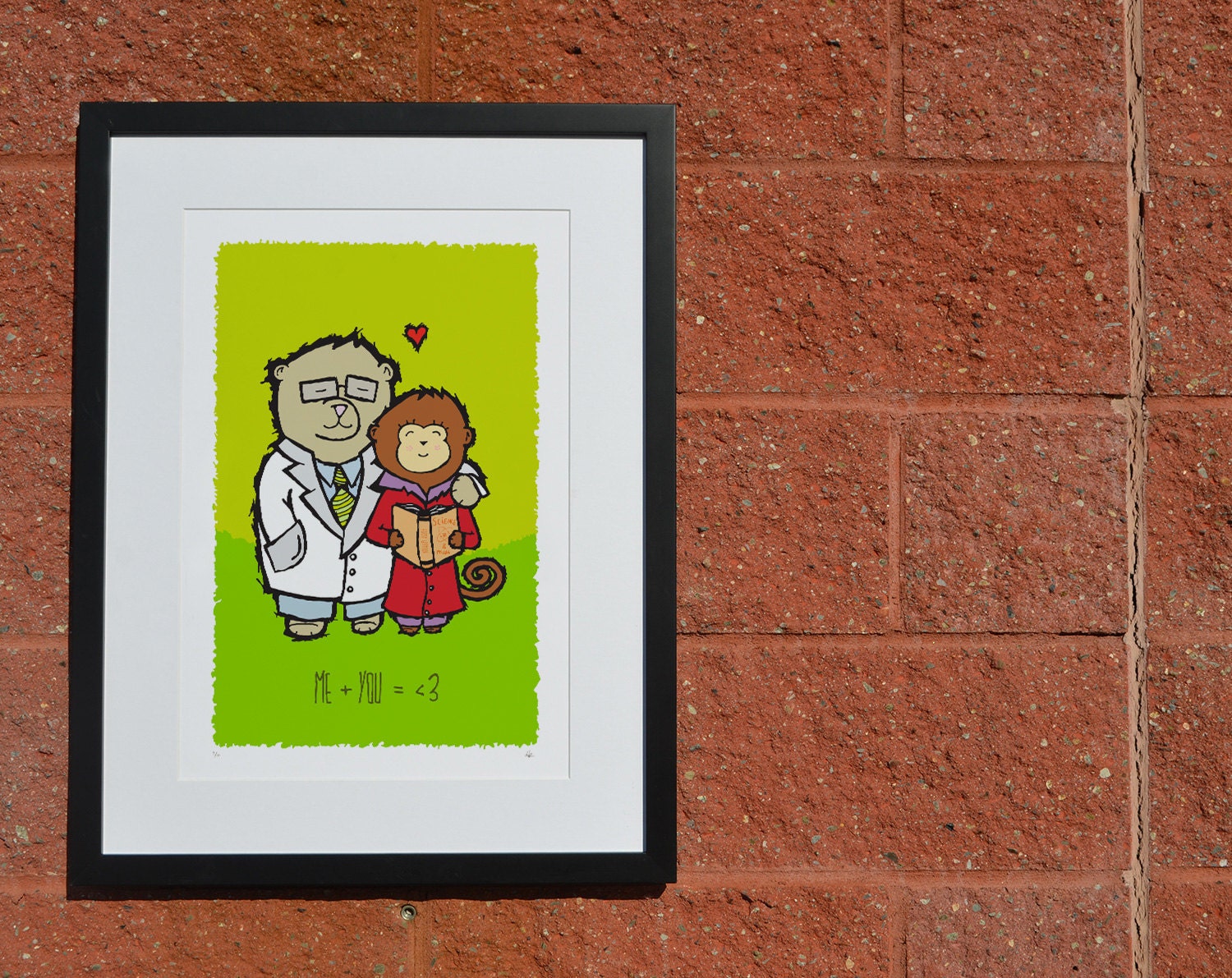 The science of love - Lab coat bear and cute monkey in love - Limited Edition Signed and Numbered 13x19 poster Giclée Illustration