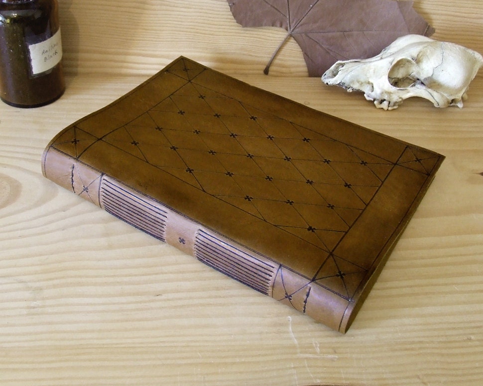 Large Leather Journal, Sketchbook or Guestbook, Antiqued brown leather, Tooled decoration