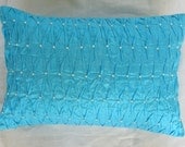 turquoise long pillow with white beads - textured pillow 12X18 inch