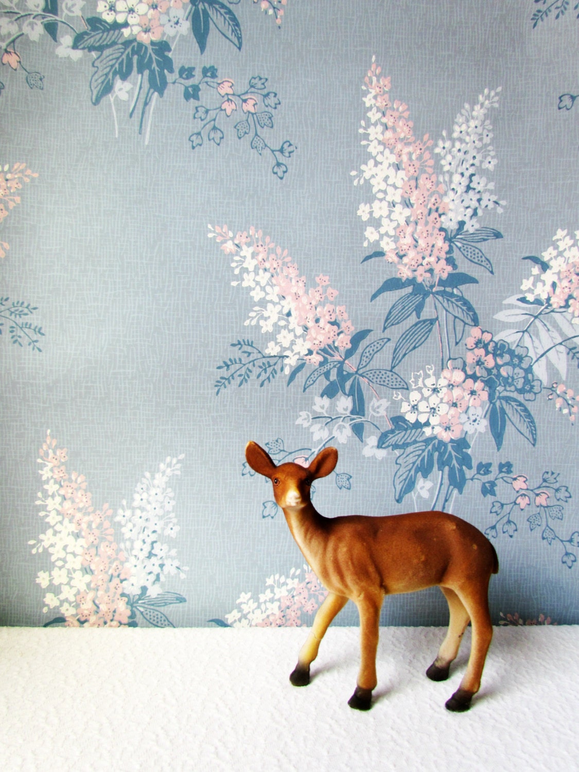 Vintage Powder Blue Floral Wallpaper One Yard