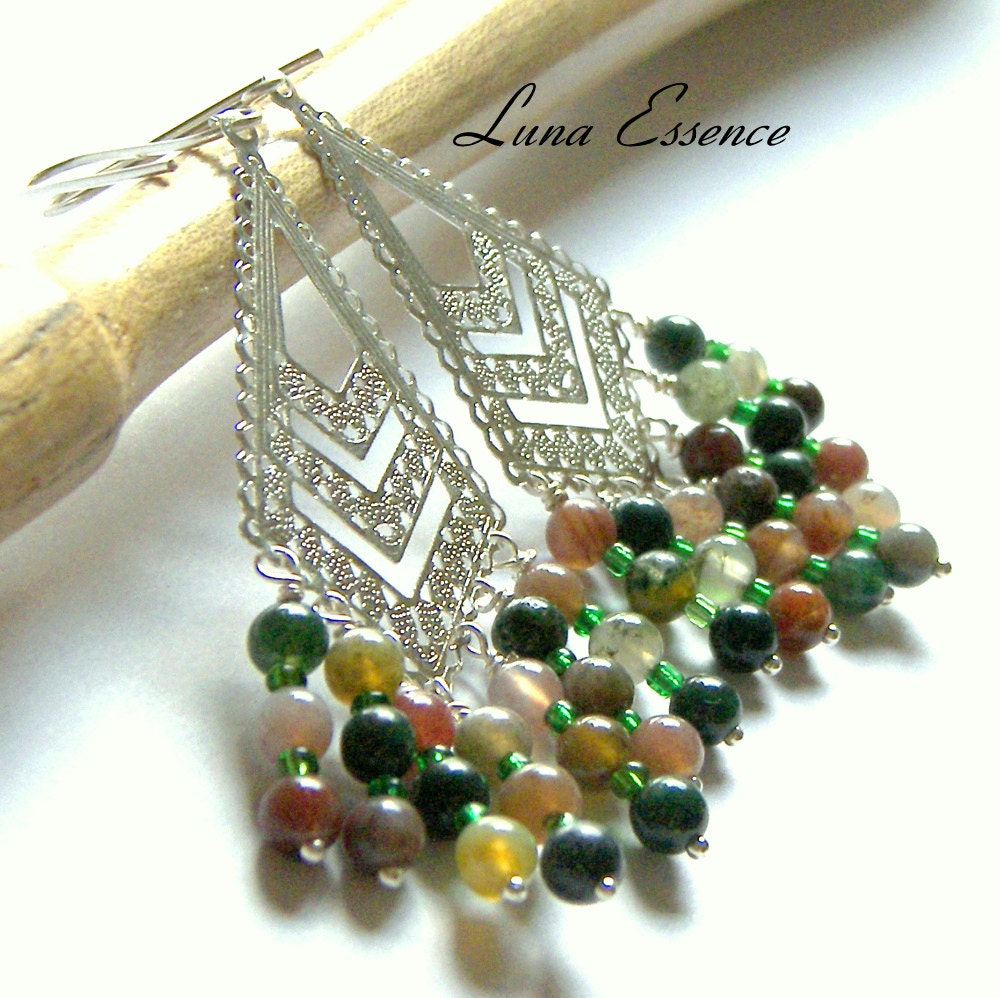 Fancy Jasper Earrings Diamond SS Filigree Chandelier