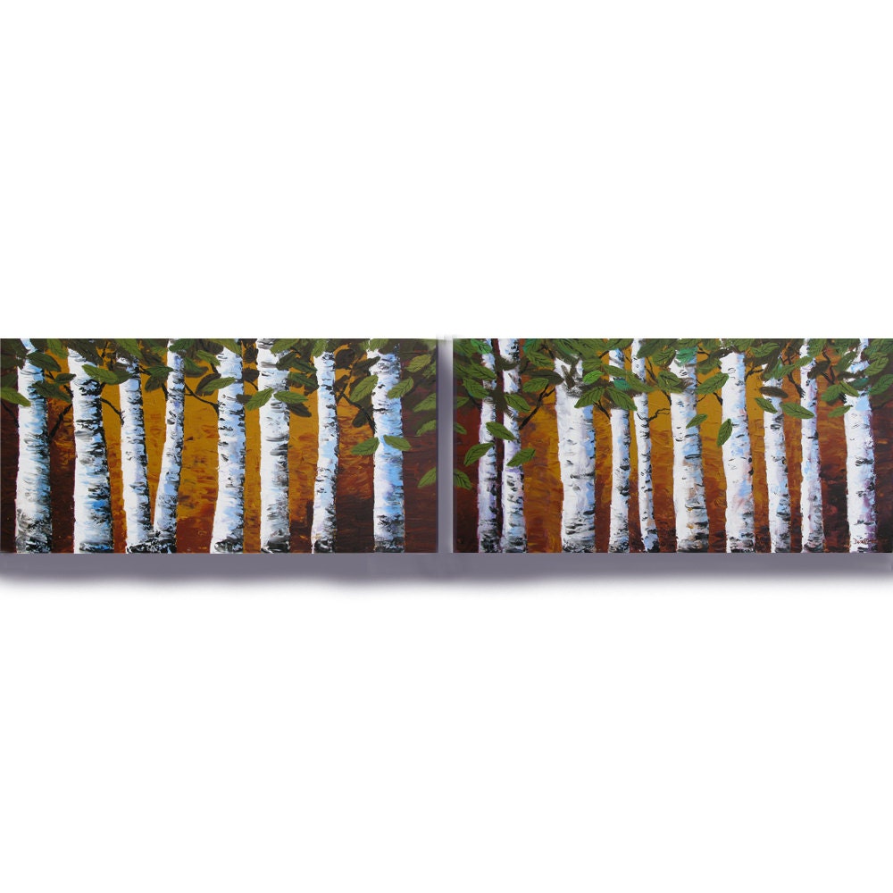 Original painting Landscape Birch aspen trees acrylic abstract forest  Impressionist Modern Contemporary tree Knife 18x72