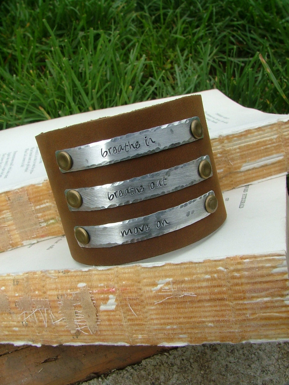 Breathe In Breathe Out Move On Supple Brown Leather 2 Inch Tall Cuff Bracelet with Custom Hand Stamped Metal by MyBella