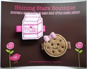 Felt Hair Clips - Hair Accessories - Raspberry Rose Pink, White, And Tan Embroidered Felt Milk And Cookies Boutique Hair Clippie Set