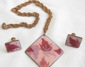 ON SALE Vintage 1970s Red and Pink Copper Enameled Leaf Pendant Necklace and Earrings Demi Parure Set