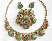 ON SALE Vintage JULIANA Verified D&E Watermelon Rivoli Margarita Rhinestone Necklace and Brooch with added Earrings Demi Parure Set