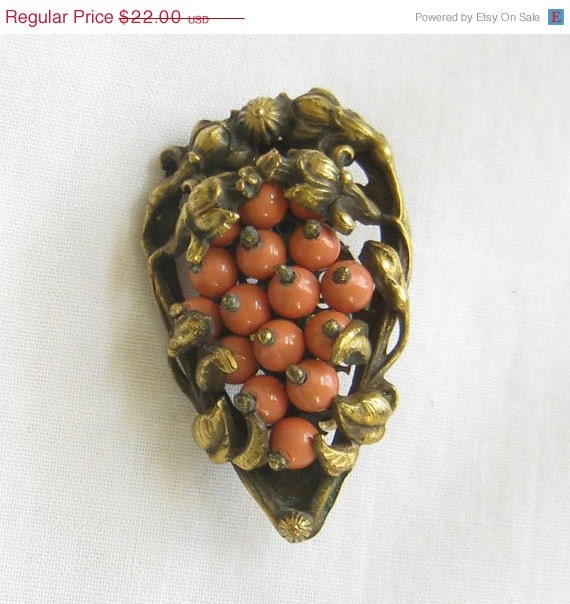 ON SALE Vintage Antique Deco style Layered Coral Colored Beads Floral Brass Pin or Brooch