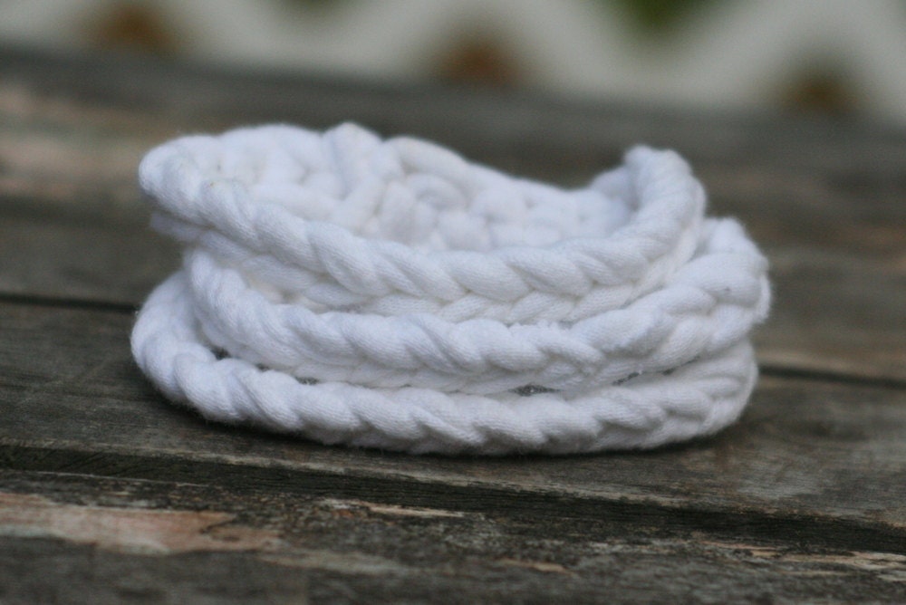 all tangled up crocheted bracelet in bright white by yourmomdesigns (rts) made from upcycled t shirt yarn